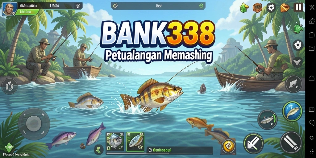 Screenshot utama BANK338 menampilkan para pemain yang menangkap ikan besar dengan teknik memancing yang menarik.