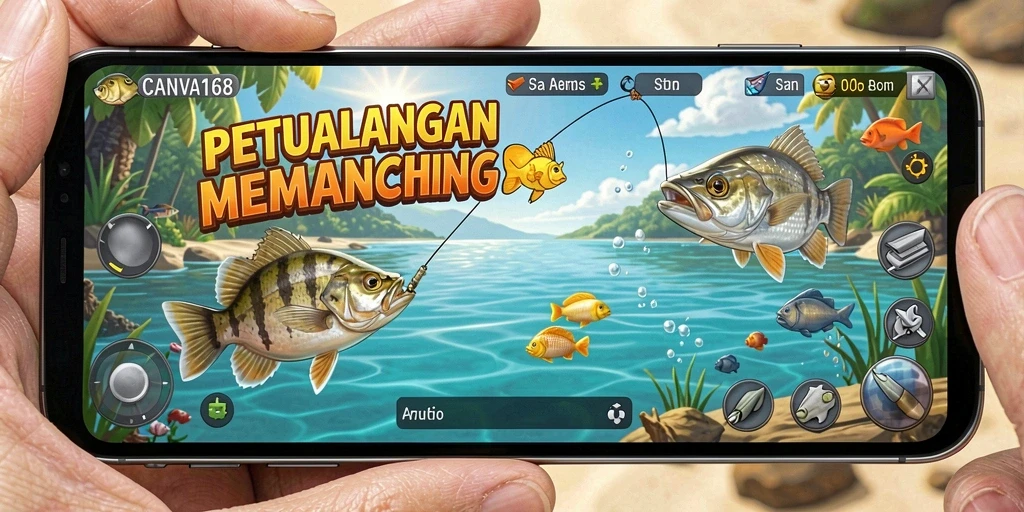 Tampilan gameplay memancing yang mendebarkan dan penuh warna.