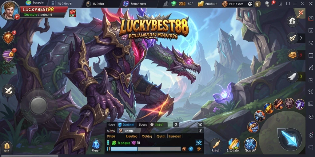 Screenshot gameplay LUCKYBEST88 menunjukkan pertarungan epik dan dunia fantasi yang menakjubkan.