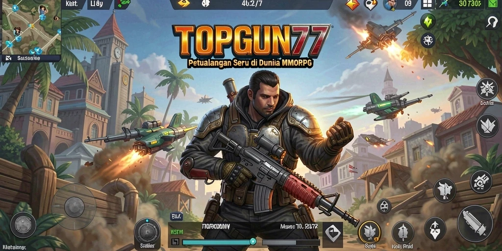 Screenshot menampilkan pertempuran epik dalam gameplay TOPGUN77 MMORPG.